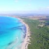 Vista aerea di una spiaggia con mare azzurro e vegetazione costiera.