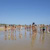 Persone in costume ballano sulla spiaggia.